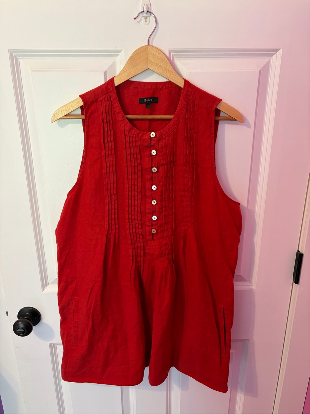 Quince Red Sleeveless Pintuck Button-Up Dress